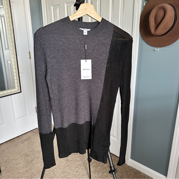 NWT Reiss jude HYBRID WOOL-SILK KNIT sheer blocking mix L black charcoal - Picture 2 of 6